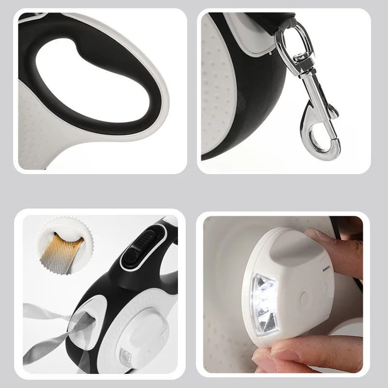 Smycz dla malych i dużych psów 5 m/8 m z automatycznym dozownikiem woreczków na odchody i latarką LED